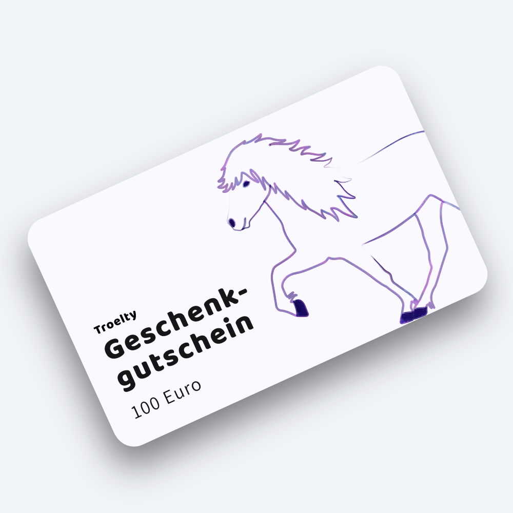 Gutschein 100 Euro fliederfarben mit Vorhand eines Tölters