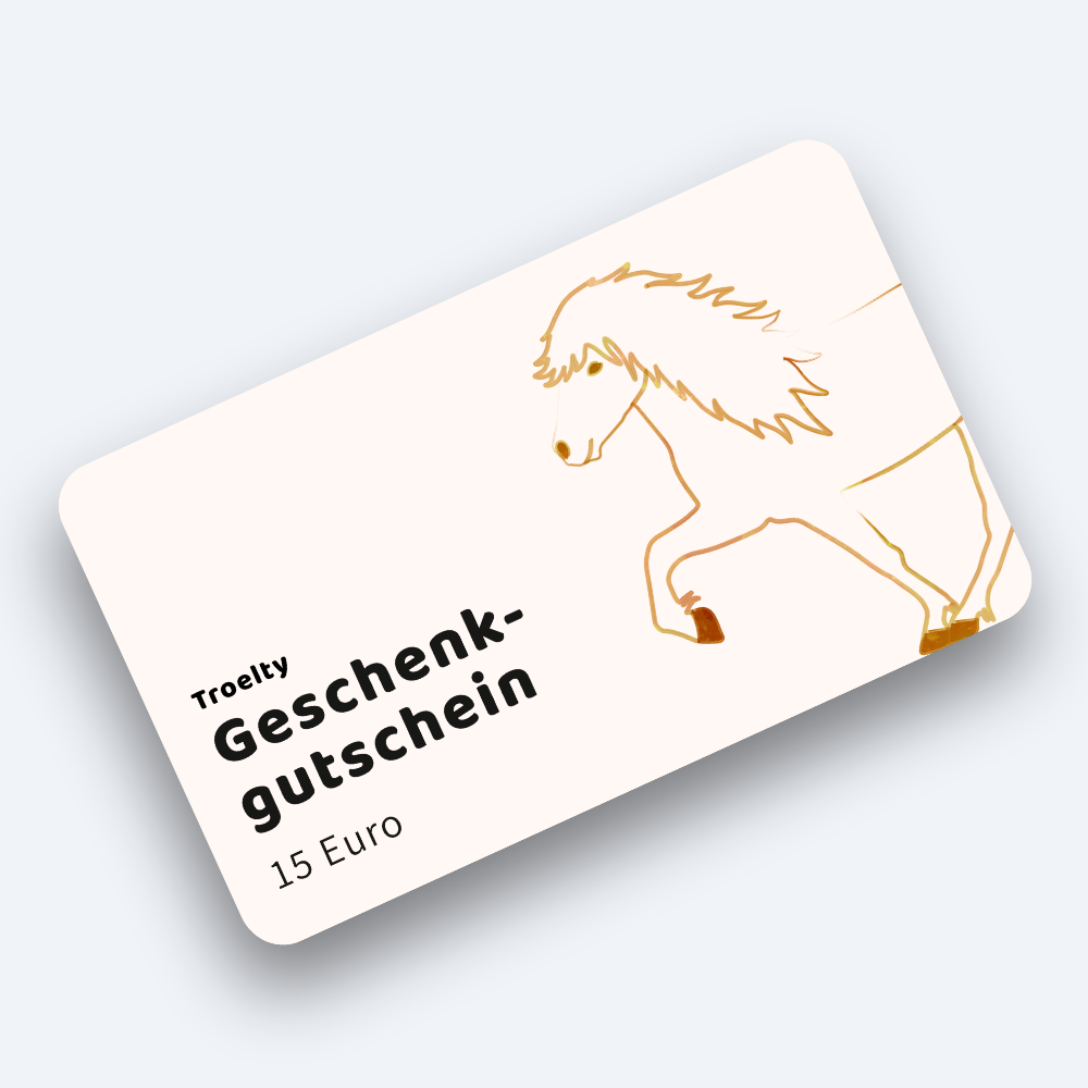 Gutschein 15 Euro orangefarben mit Vorhand eines Tölters