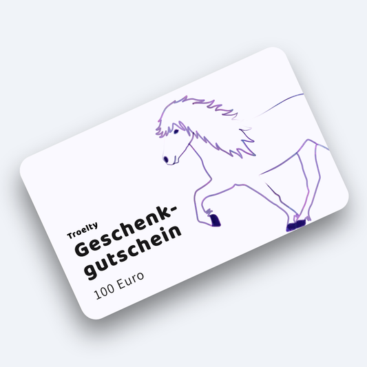 Gutschein 100 Euro fliederfarben mit Vorhand eines Tölters