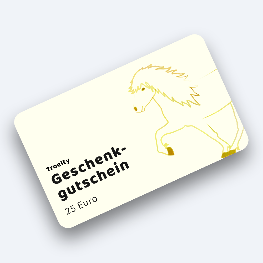 Gutschein 25 Euro gelbfarben mit Vorhand eines Tölters