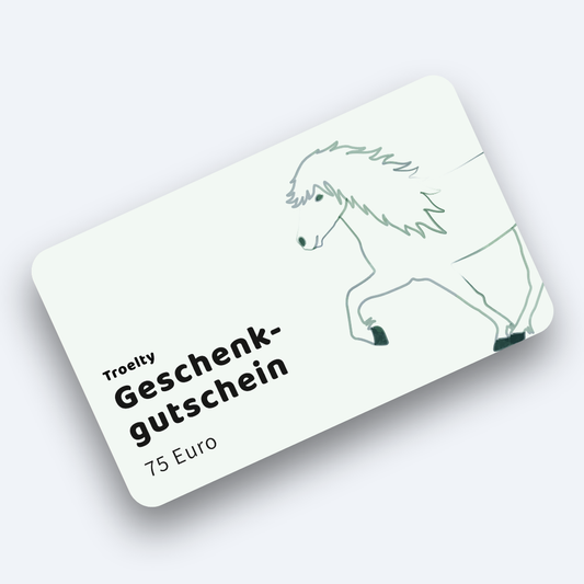 Gutschein 75 Euro grünfarben mit Vorhand eines Tölters