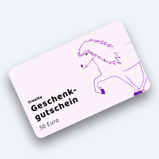 Gutschein 50 Euro rosafarben mit Vorhand eines Tölters