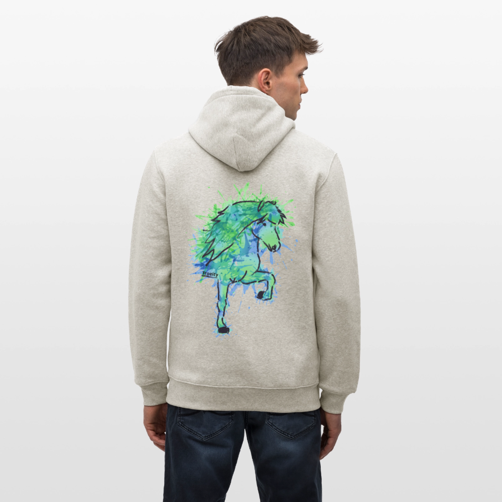 Mann von hinten, der einen beigen Hoodie mit dem grün-blauen Tölter Vatn trägt