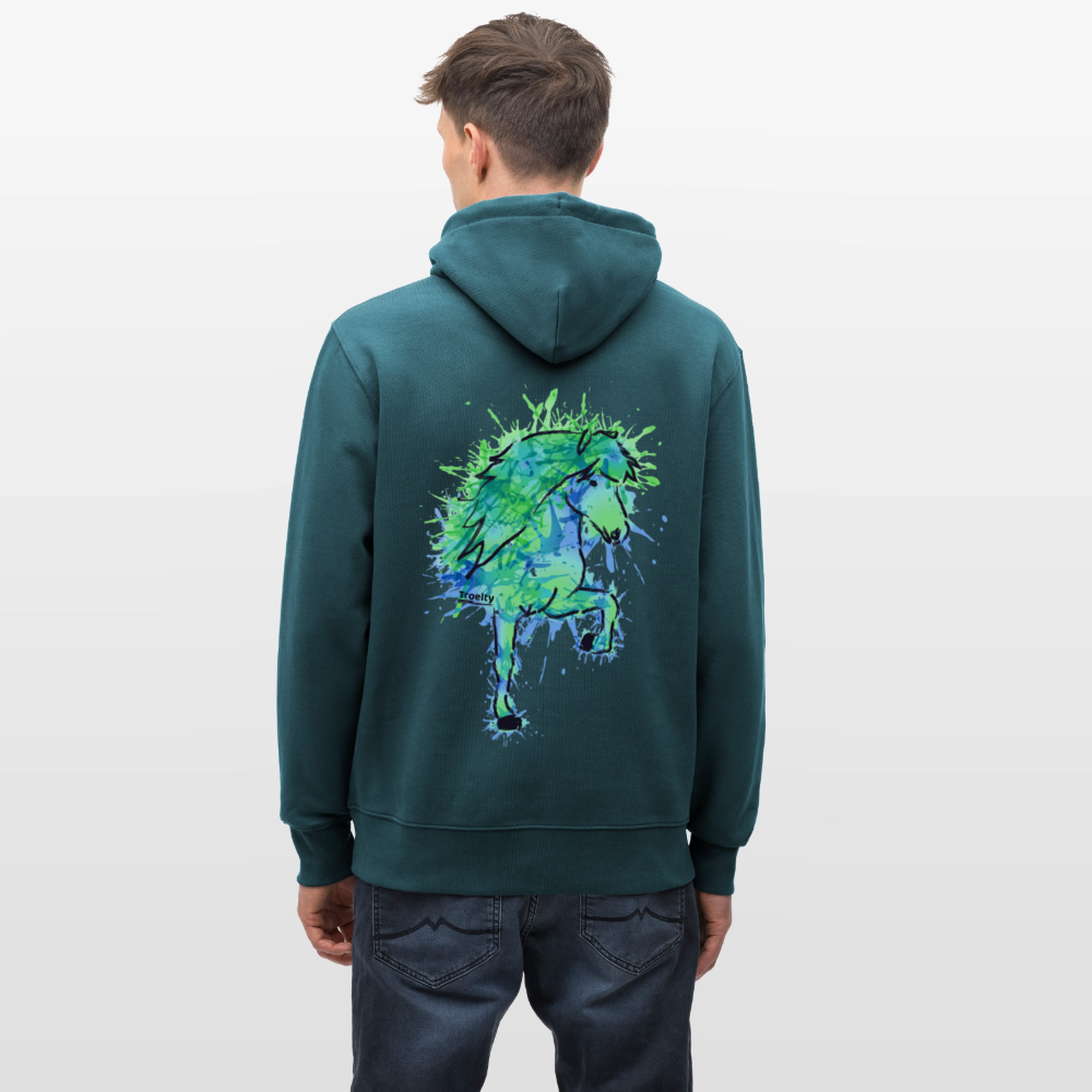 Mann von hinten, der einen Dunkelgrünen Hoodie mit dem grün-blauen Tölter Vatn trägt