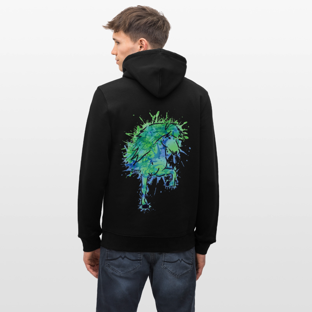 Mann von hinten, der einen schwarzen Hoodie mit dem grün-blauen Tölter Vatn trägt