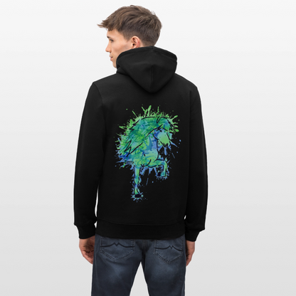Mann von hinten, der einen schwarzen Hoodie mit dem grün-blauen Tölter Vatn trägt